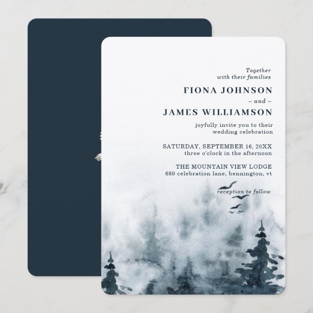 Invitation Mariage à la forêt de style aquarelle avec hibou (Devant / Derrière)