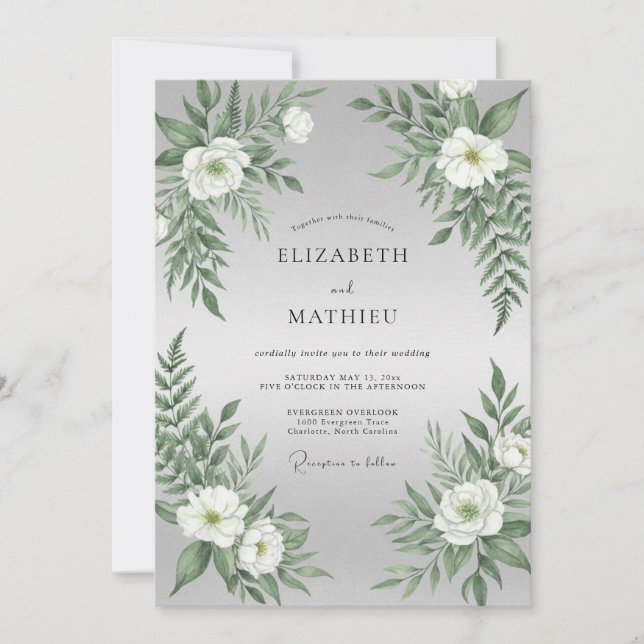 Invitation Mariage à la Fougère Blanche Argentée (Devant)