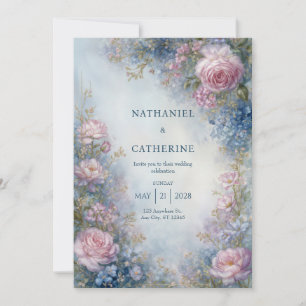 Invitation Mariage à la frontière de la rose éthérée bleu mis