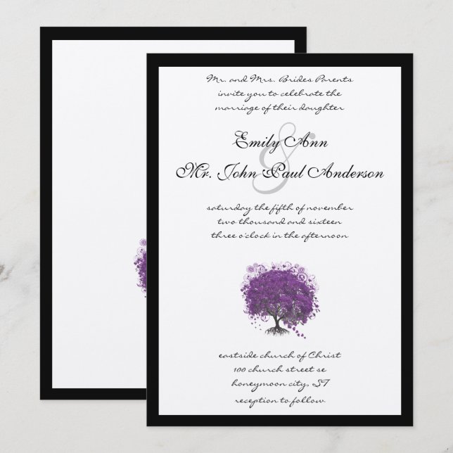 Invitation Mariage à la frontière noire dans l'arbre du coeur (Devant / Derrière)