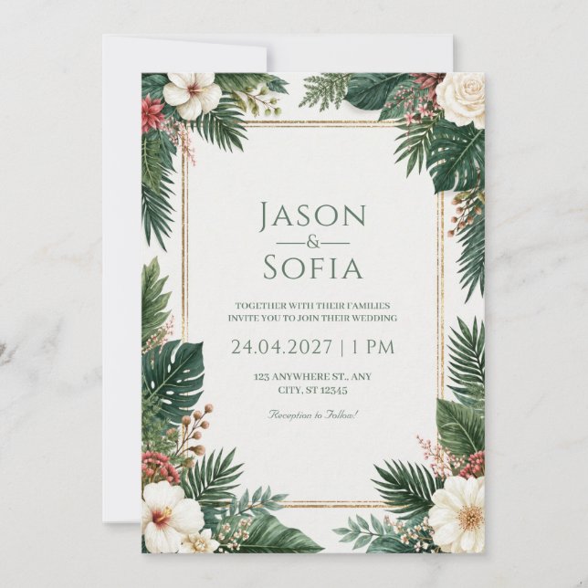 Invitation Mariage à la frontière tropicale dorée de l'Hibisc (Devant)