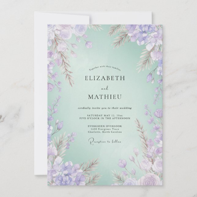 Invitation Mariage à la Glycine Améthyste Mousse de Mer (Devant)