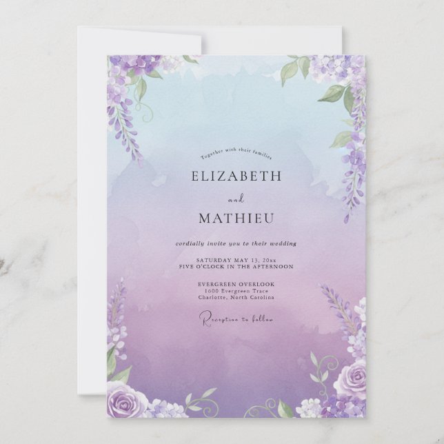 Invitation Mariage à la glycine lavande pâle (Devant)