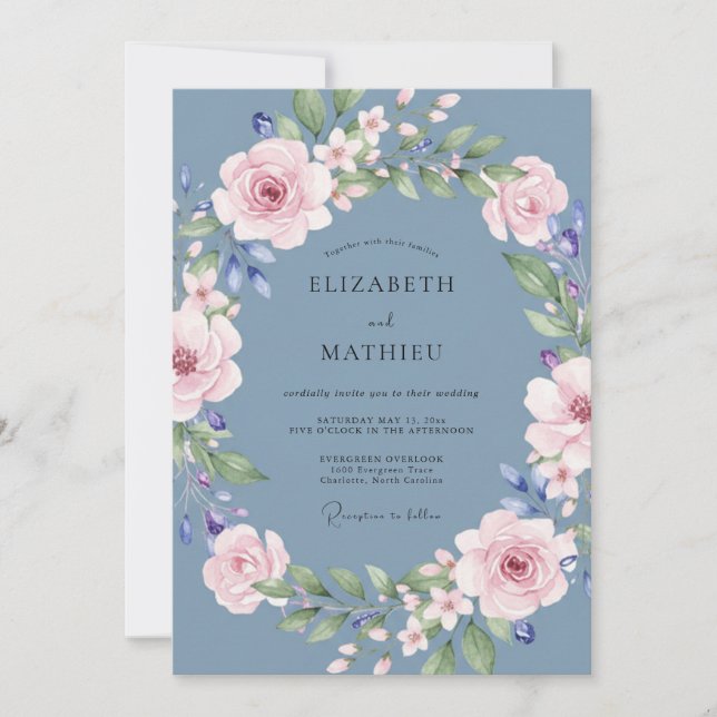 Invitation Mariage à la guirlande florale bleu ardoise (Devant)