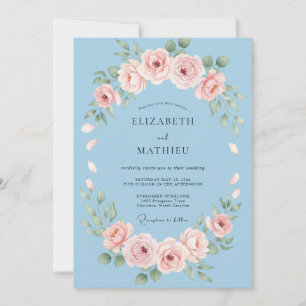 Invitation Mariage à la guirlande florale bleu ciel