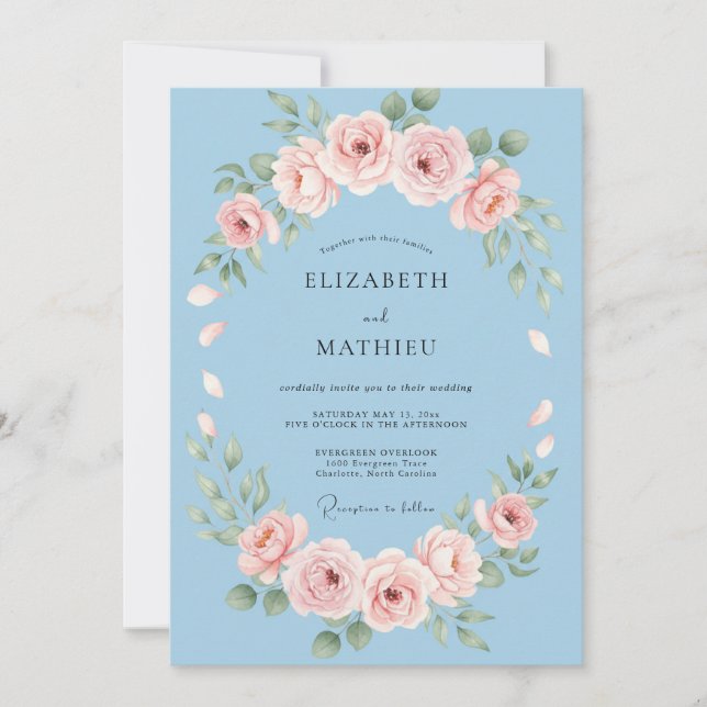 Invitation Mariage à la guirlande florale bleu ciel (Devant)