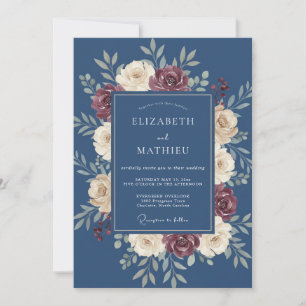 Invitation Mariage à la guirlande florale bleu profond