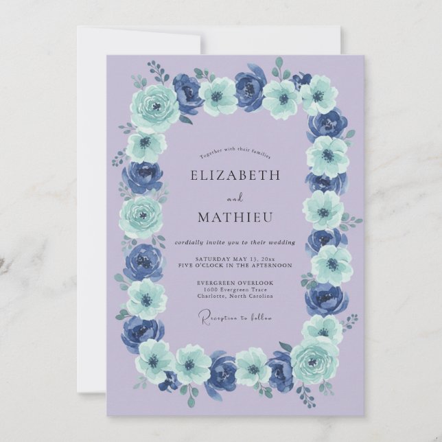 Invitation Mariage à la guirlande florale bleue (Devant)