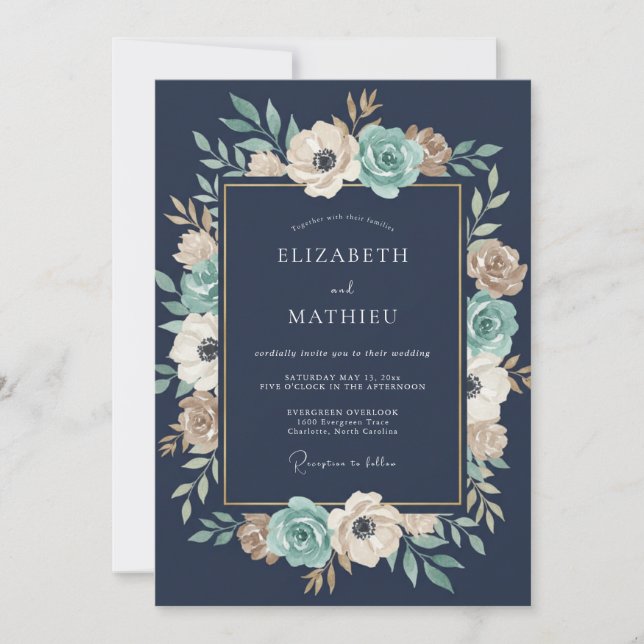 Invitation Mariage à la guirlande florale de marine (Devant)
