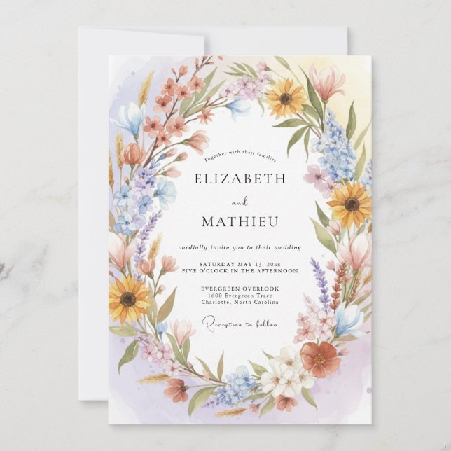 Invitation Mariage à la guirlande florale de pêche douce (Devant)