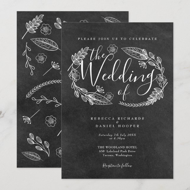 Invitation Mariage à la guirlande florale dessinée à la main  (Devant / Derrière)