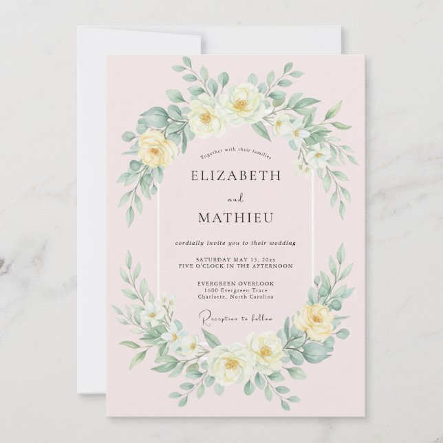 Invitation Mariage à la Guirlande Florale Jaune Pâle (Devant)
