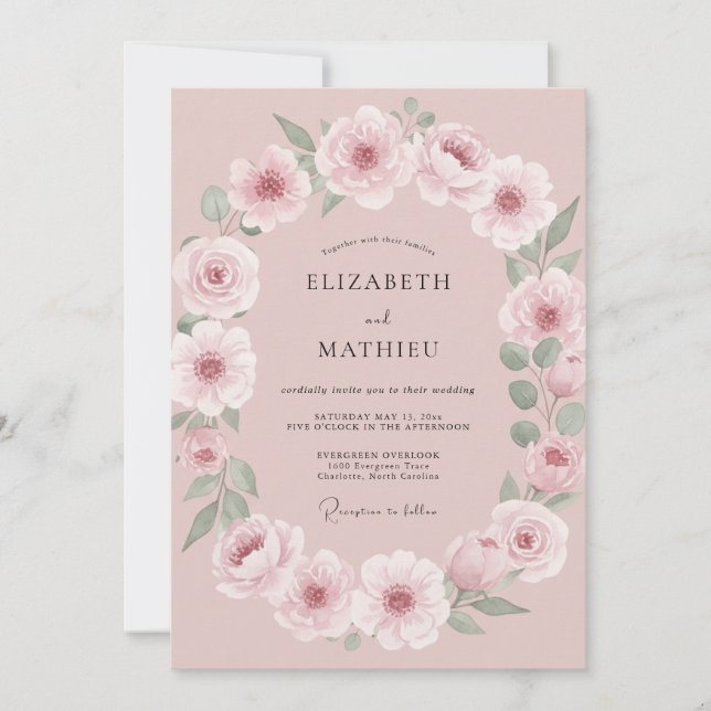 Invitation Mariage à la guirlande florale rose (Devant)