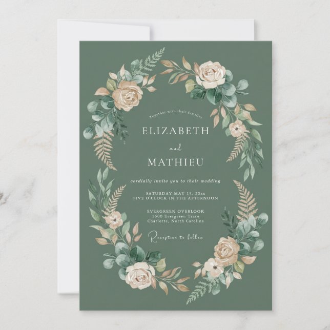 Invitation Mariage à la guirlande florale vert sauge (Devant)