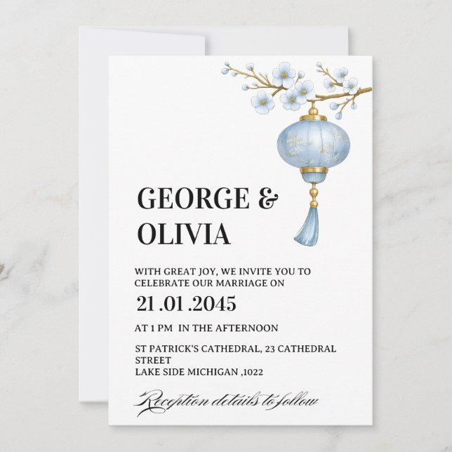 Invitation Mariage à la Lanterne Bleue Japonaise (Devant)