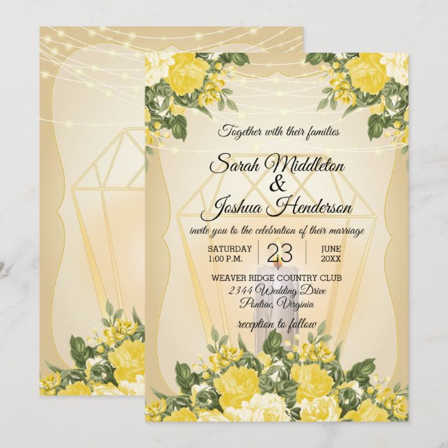 Invitation Mariage à la Lanterne Dorée et Fleur Jaune (Devant / Derrière)