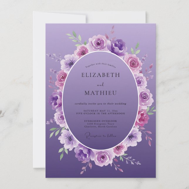 Invitation Mariage à la lavande, ranunculus et feuillage d'eu (Devant)