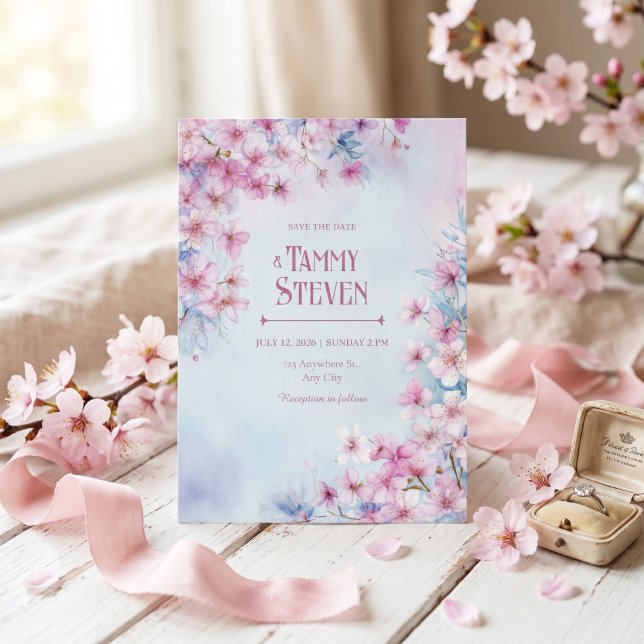 Invitation Mariage à la Lavande Rose avec Bordure de Sakura à (Créateur téléchargé)
