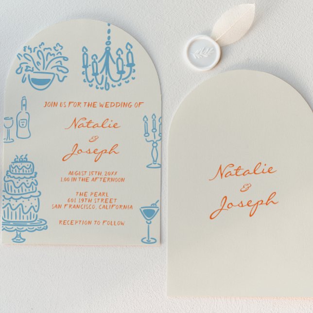 Invitation Mariage à la main bleu orange arqué Fantaisiste (Créateur téléchargé)