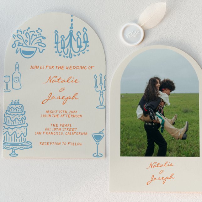 Invitation Mariage à la Main Orange Bleu Arqué Fantaisiste (Créateur téléchargé)