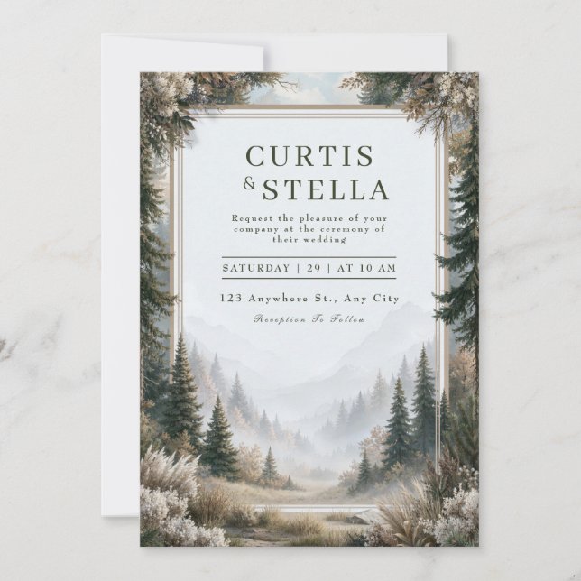 Invitation Mariage à la montagne de pins brumeuse (Devant)