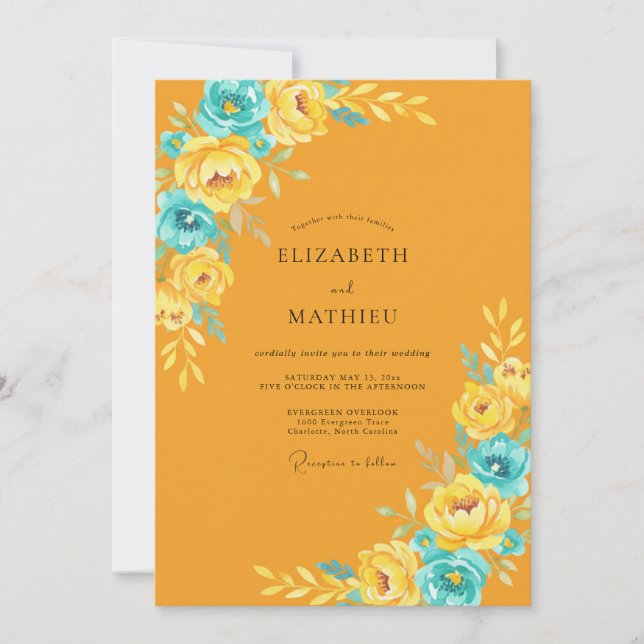 Invitation Mariage à la Moutarde Cyan Ranunculus Eucalyptus (Devant)