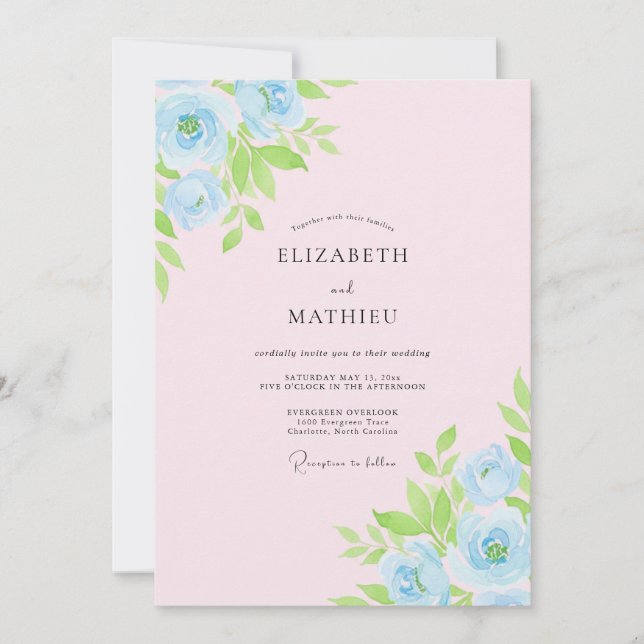 Invitation Mariage à la Pétale Azur Rose Poudre (Devant)