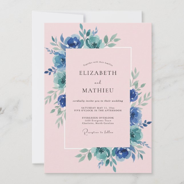 Invitation Mariage à la Pétale Azurée Rose (Devant)