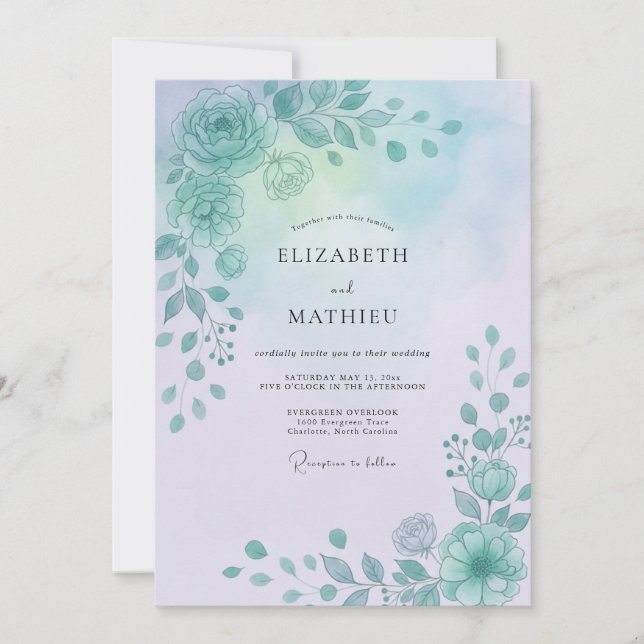 Invitation Mariage à la Pétale d'Aqua Pervenche (Devant)