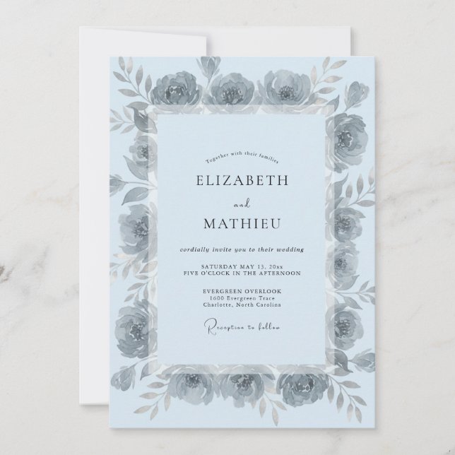 Invitation Mariage à la Pétale d'Argent Bleu Poudre (Devant)