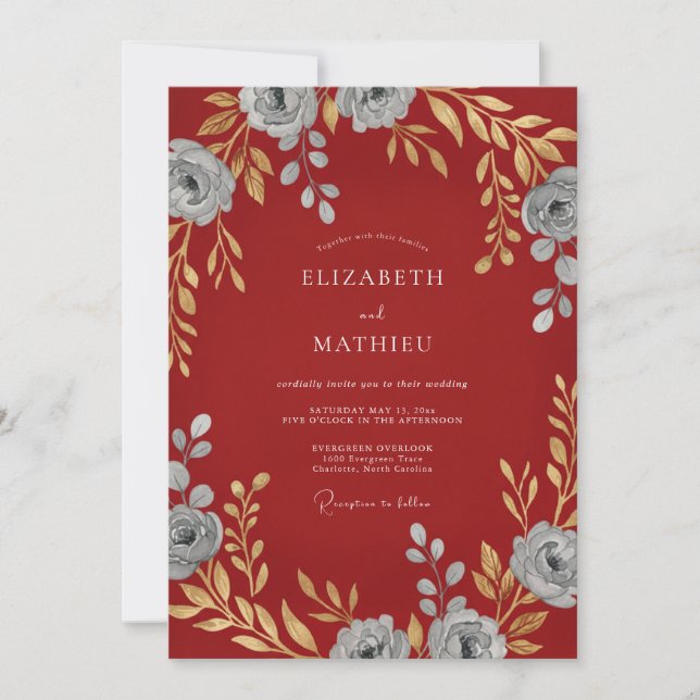 Invitation Mariage à la Petale d'Argent Cramoisi (Devant)