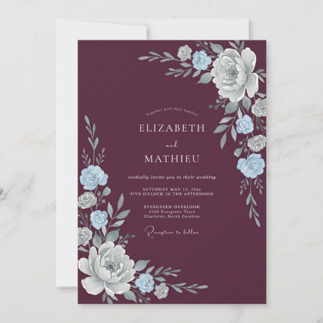 Invitation Mariage à la Petale d'Argent Prune (Devant)