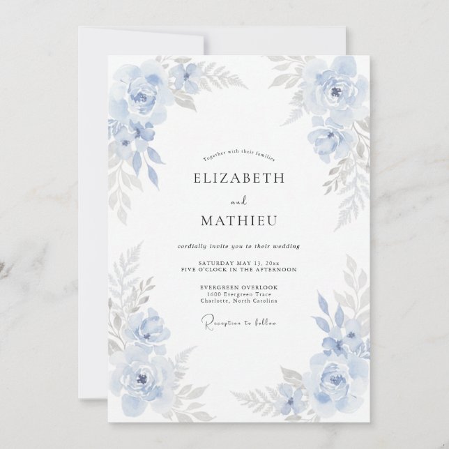 Invitation Mariage à la Pétale de Bleu Poudré (Devant)