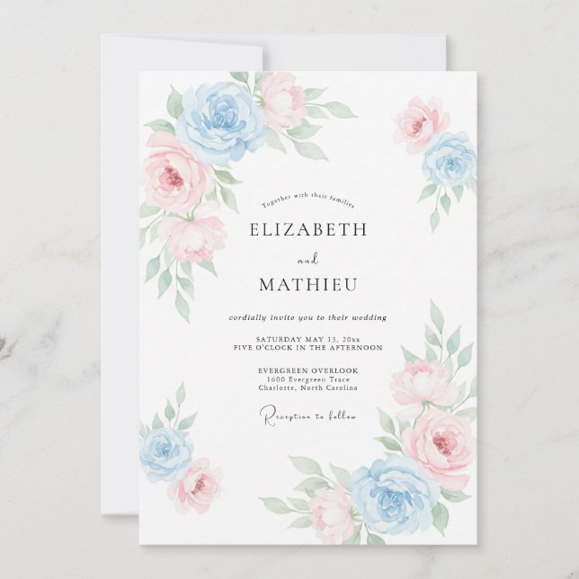 Invitation Mariage à la Pétale de Bleuet Rose Poudré (Devant)