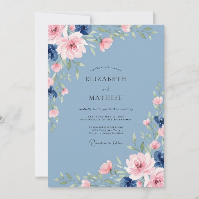 Invitation Mariage à la Petale de Blush Acier (Devant)