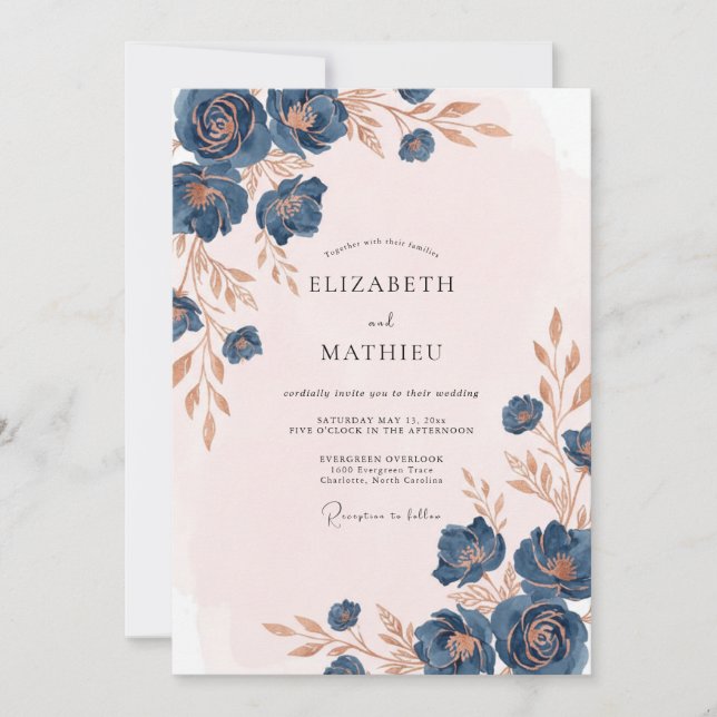 Invitation Mariage à la Petale de Bronze Indigo (Devant)