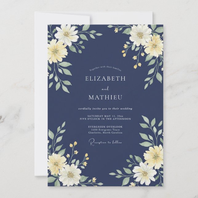 Invitation Mariage à la Pétale de Crème Indigo (Devant)