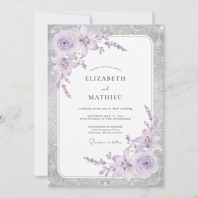 Invitation Mariage à la Pétale de Lilas Argenté (Devant)