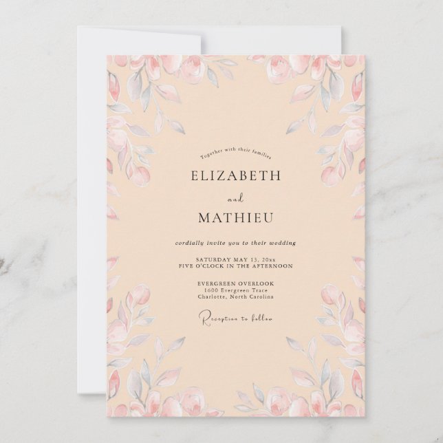 Invitation Mariage à la Pétale de Pêche Douce et Pervenche (Devant)
