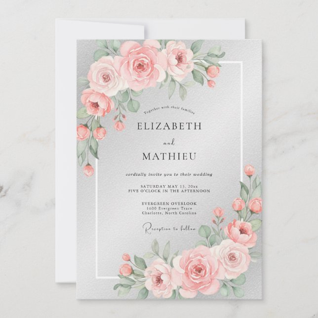 Invitation Mariage à la Petale de Rouge Tendre Argenté (Devant)