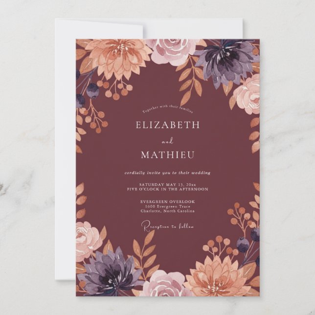 Invitation Mariage à la Petale de Terracotta de Prune (Devant)