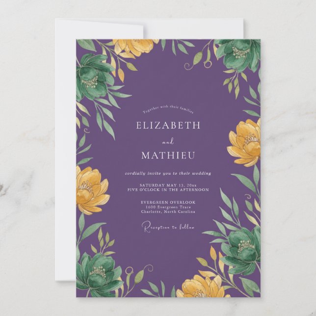 Invitation Mariage à la Pétale d'Or Champagne Prune (Devant)