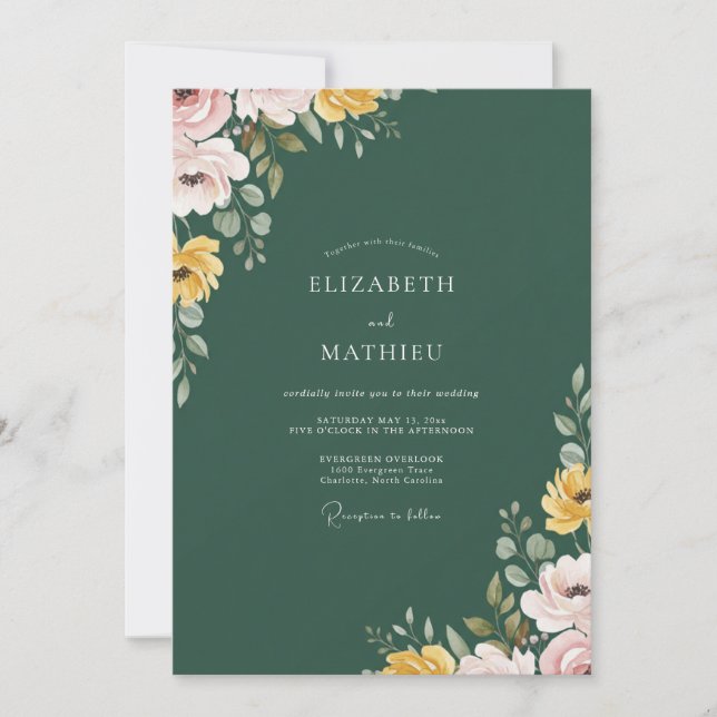 Invitation Mariage à la Pétale Dorée Antique Émeraude (Devant)