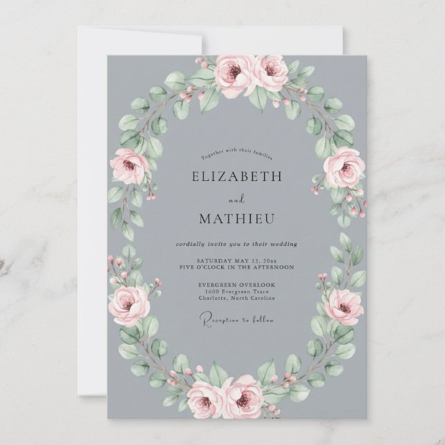 Invitation Mariage à la Pétale Douce Rose Ardoise (Devant)