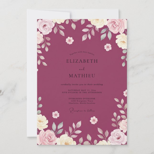 Invitation Mariage à la Petale Feuillue de Prune (Devant)