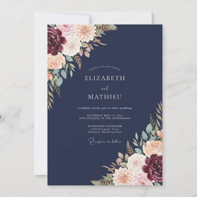 Invitation Mariage à la Petale Indigo Cramoisi (Devant)