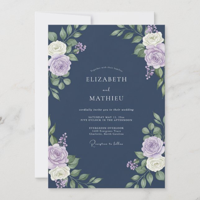 Invitation Mariage à la Pétale Indigo Mauve (Devant)