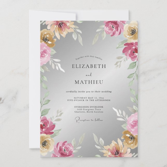 Invitation Mariage à la Petale Magenta Argent (Devant)