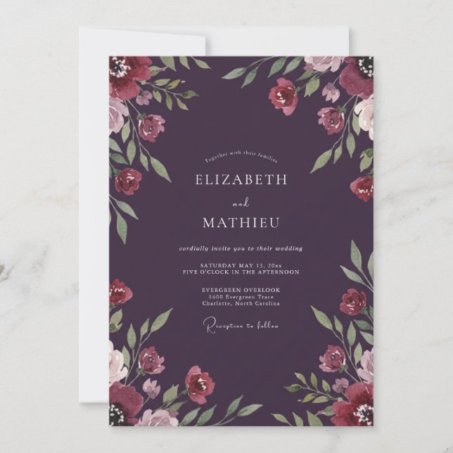 Invitation Mariage à la Petale Magenta de Prune Botanique (Devant)