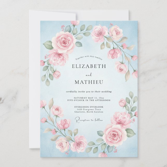 Invitation Mariage à la Petale Rose Azur (Devant)